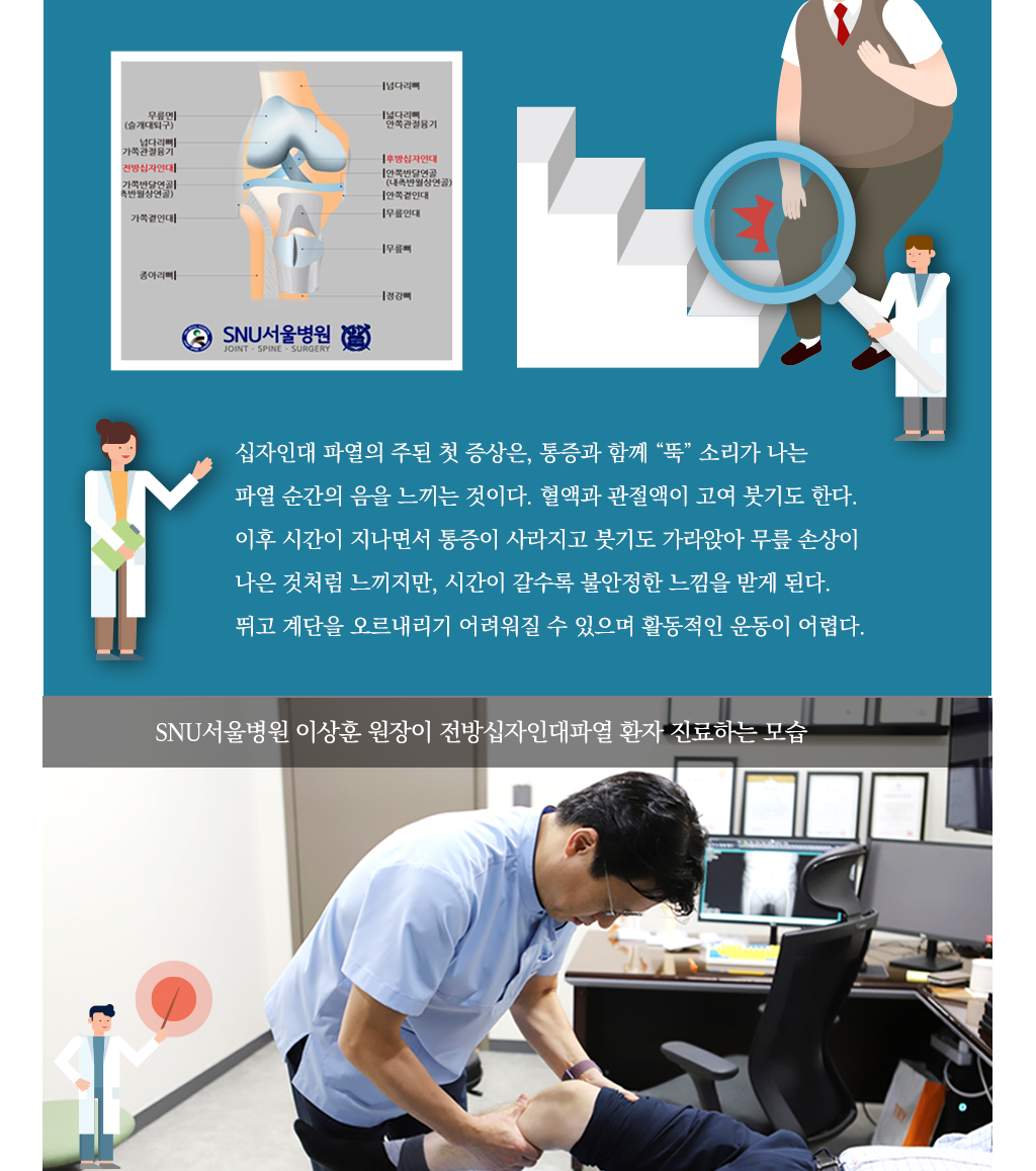 십자인대 파열의 주된 첫 증상은, 통증과 함께 “뚝” 소리가 나는 파열 순간의 음을 느끼는 것이다. 혈액과 관절액이 고여 붓기도 한다. 이후 시간이 지나면서 통증이 사라지고 붓기도 가라앉아 무릎 손상이 나은 것처럼 느끼지만, 시간이 갈수록 불안정한 느낌을 받게 된다. 뛰고 계단을 오르내리기 어려워질 수 있으며 활동적인 운동이 어렵다.