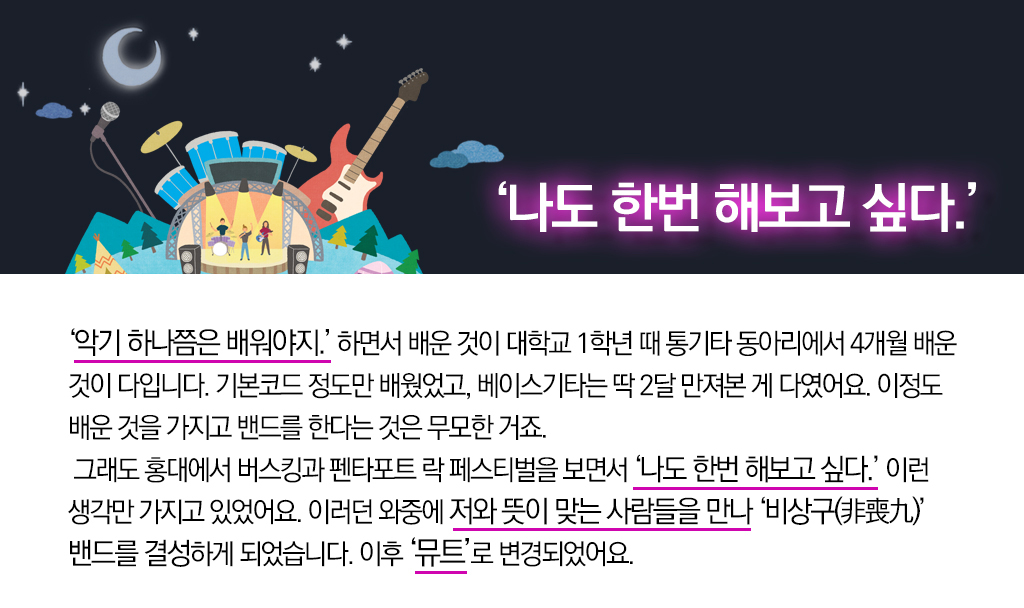 나도 한번 해보고 싶다. ‘악기 하나쯤은 배워야지.’ 하면서 배운 것이 대학교 1학년 때 통기타 동아리에서 4개월 배운 것이 다입니다. 기본코드 정도만 배웠었고, 베이스기타는 딱 2달 만져본 게 다였어요. 이정도 배운 것을 가지고 밴드를 한다는 것은 무모한 거죠. 그래도 홍대에서 버스킹과 펜타포트 락 페스티벌을 보면서 ‘나도 한번 해보고 싶다.’ 이런 생각만 가지고 있었어요. 이러던 와중에 저와 뜻이 맞는 사람들을 만나 ‘비상구(非喪九)’ 밴드를 결성하게 되었습니다. 이후 ‘뮤트’로 변경되었어요.