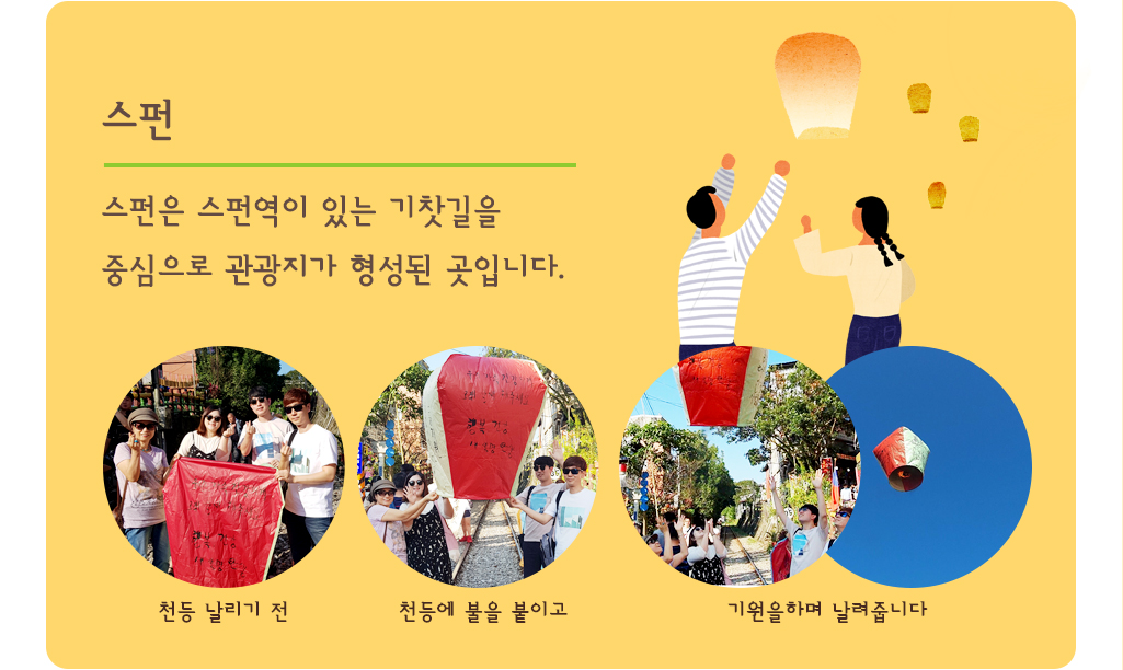 스펀은 스펀역이 있는 기찻길을 중심으로 관광지가 형성된 곳입니다. 천등 날리기전, 천등에 불을 붙이고, 기원을하며 날려줍니다.