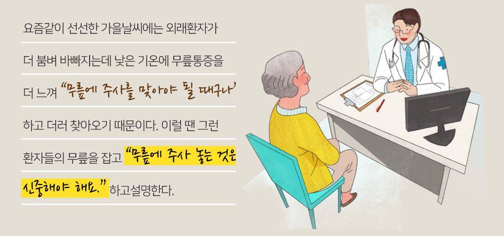 요즘같이 선선한 가을날씨에는 외래환자가 더 붐벼 바빠지는데 낮은 기온에 무릎통증을 더 느껴 
			“무릎에 주사를 맞아야 될 때구나” 하고 더러 찾아오기 때문이다. 이럴 땐 그런 환자들의 무릎을 잡고 “무릎에 주사 놓는 것은 신중해야 해요.” 하고설명한다. 