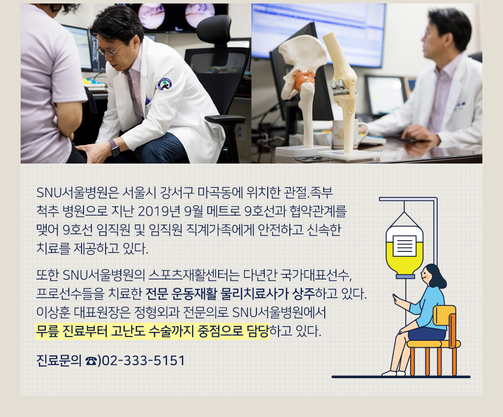 SNU서울병원은 서울시 강서구 마곡동에 위치한 관절.족부 척추 병원으로 지난 2019년 9월 메트로 9호선과 
			협약관계를 맺어 9호선 임직원 및 임직원 직계가족에게 안전하고 신속한 치료를 제공하고 있다. 또한 SNU서울병원의 스포츠재활센터는 다년간 국가대표선수,프로선수들을 치료한 전문 운동재활 물리치료사가 상주하고 있다.
			이상훈 대표원장은 정형외과 전문의로 SNU서울병원에서 무릎 진료부터 고난도 수술까지 중점으로 담당하고 있다.진료문의 ☎)02-333-5151 