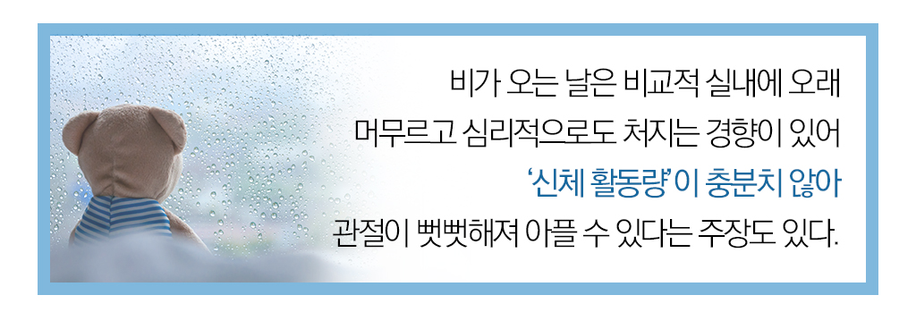  비가 오는 날은 비교적 실내에 오래 머무르고 리적으로도 처지는 경향이 있어 '신체 활동량'이 출분치 않아 관절이 뻣뻣해져 아플 수 있다는 주장도 있다. 