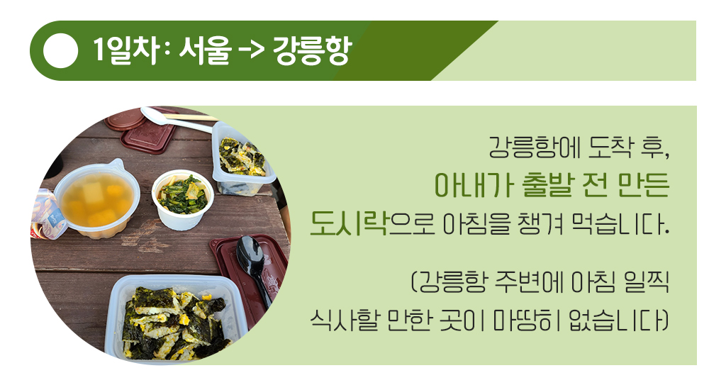 1일차:서울에서 강릉항으로,강릉항에서 도착 후 아내가 출발 전 만든 도시락으로 아침을 챙겨먹습니다. 강릉항 주변에 아침 일찍 식사할 망한 곳이 딱히 없습니다.