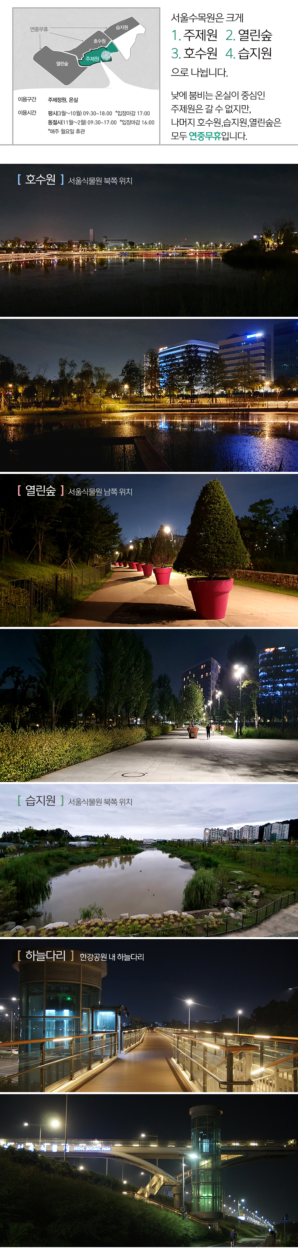 서울수목원은 크게 1. 주제원 2. 열린숲 3. 호수원 4. 습지원 으로 나뉩니다. 낮에 붐비는 온실이 중심인 주제원은 갈 수 없지만, 나머지 호수원,습지원,열린숲은 모두 연중무휴입니다. 그 밑은 호수원, 열린숲,습지원,하늘다리 사진