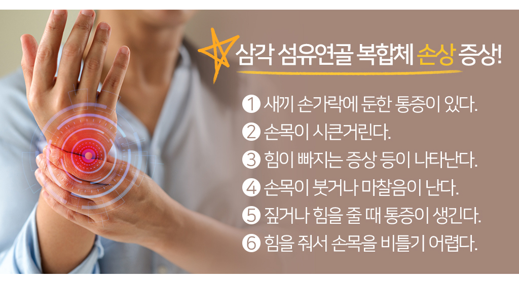 삼각 섬유연골 복합체 손상 증상!, 1  새끼 손가락에 둔한 통증이 있다. 2  손목이 시큰거린다.3  힘이 빠지는 증상 등이 나타난다. 4  손목이 붓거나 마찰음이 난다. 5  짚거나 힘을 줄 때 통증이 생긴다. 6  힘을 줘서 손목을 비틀기 어렵다.