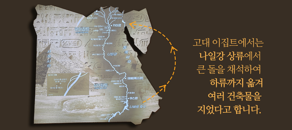 고대 이집트에서는 나일강 상류에서 큰 돌을 채석하여 하류까지 옮겨 여러 건축물을 지었다고 합니다.