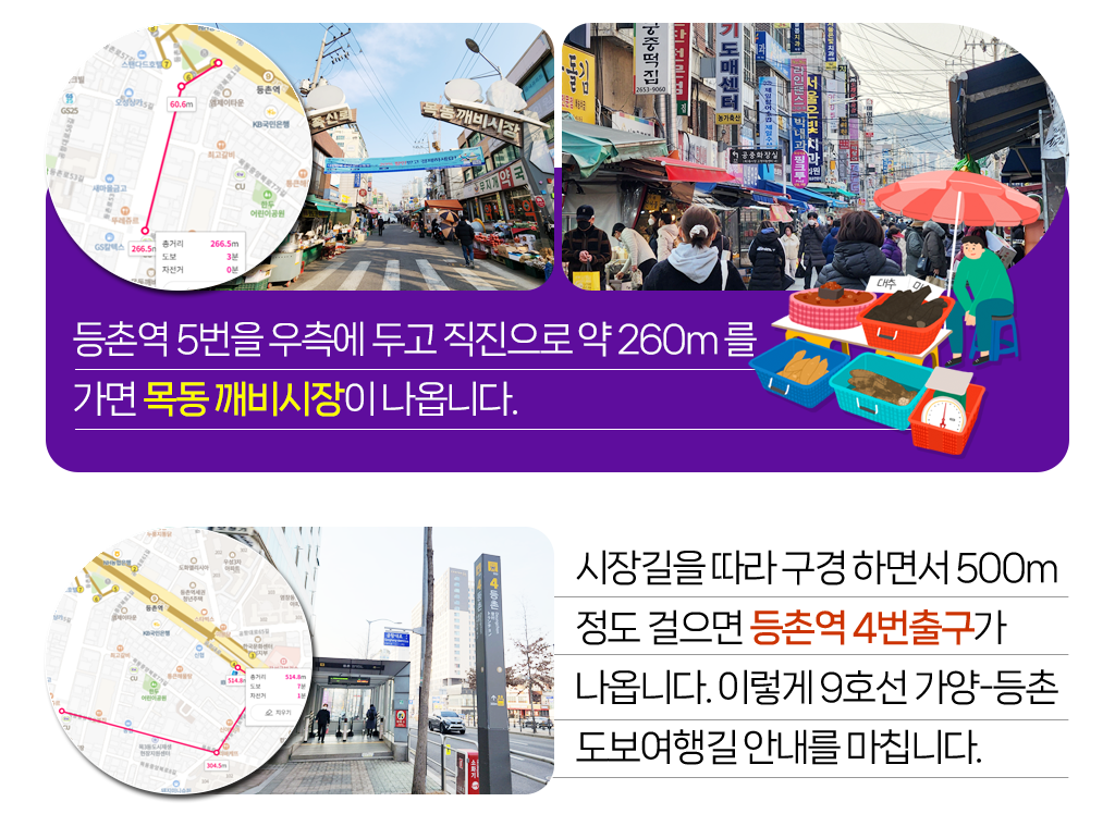 

등촌역 5번을 우측에 두고 직진으로 약 260m 를 
가면 목동 깨비시장이 나옵니다. 
시장길을 따라 구경 하면서 500m
정도 걸으면 등촌역 4번출구가 
나옵니다. 이렇게 9호선 가양-등촌 
도보여행길 안내를 마칩니다.

