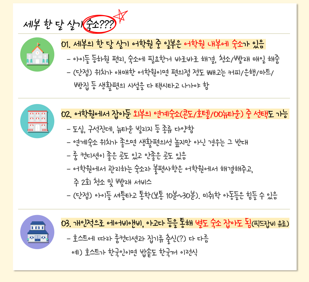 세부 한 달 살기 숙소??? 
					01. 세부의 한 달 살기 어학원 중 일부은 어학원 내부에 숙소가 있음 
					- 아이들 등하원 편리, 숙소에 필요한거 바로바로 해결, 청소/빨래 매일 해줌- (단점) 위치가 애매한 어학원이면 편의점 정도 빼고는 커피/은행/마트/빵집 등 생활편의 시설을 다 택시타고 나가야 함
					02. 어학원에서 잡아둔 외부의 연계숙소(콘도/호텔/00뉴타운) 중 선택도 가능 
					- 도심, 구석진데, 뉴타운 빌리지 등 종류 다양함 - 연계숙소 위치가 좋으면 생활편의성 높지만 아닌 경우는 그 반대 - 룸 컨디션이 좋은 곳도 있고 안좋은 곳도 있음 - 어학원에서 관리하는 숙소라 불편사항은 어학원에서 해결해주고,주 2회 청소 및 빨래 서비스 - (단점) 아이들 셔틀타고 통학(보통 10분~30분). 미취학 아동들은 힘들 수 있음
					03. 개인적으로 에어비앤비, 아고다 등을 통해 별도 숙소 잡아도 됨(픽드랍비 유료)
					- 호스트에 따라 룸컨디션과 집기류 출신(?) 다 다름 (예) 호스트가 한국인이면 밥솥도 한국꺼 이런식
					