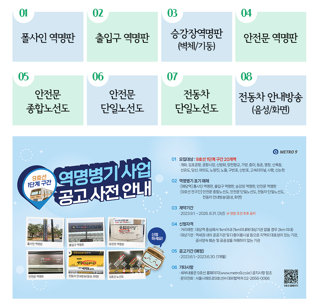 1. 폴사인 역명판, 2. 출입구 역명판, 3. 승강장역명판(벽체/기둥), 4. 안전문 역명판, 5. 안전문종합노선도, 6. 안전문단일노선도, 7. 전동차단일노선도, 8. 전동차 안내방송(음성/화면), 역명병기사업 공고 사전 안내 포스터