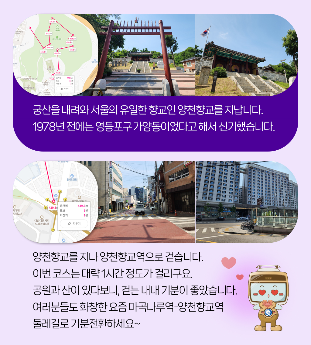 

궁산을 내려와 서울의 유일한 향교인 양천향교를 지납니다. 1978년 전에는 영등포구 가양동이었다고 해서 신기했습니다.
양천향교를 지나 양천향교역으로 걷습니다. 
이번 코스는 대략 1시간 정도가 걸리구요. 
공원과 산이 있다보니, 걷는 내내 기분이 좋았습니다.
여러분들도 화창한 요즘 마곡나루역-양천향교역 
둘레길로 기분전환하세요~

