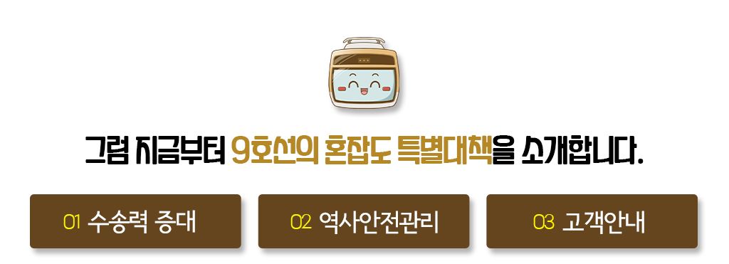 그럼 지금부터 9호선의 혼잡도 특별대책을 소개합니다. 1.수송력 증대, 2.역사안전관리, 3.고객안내