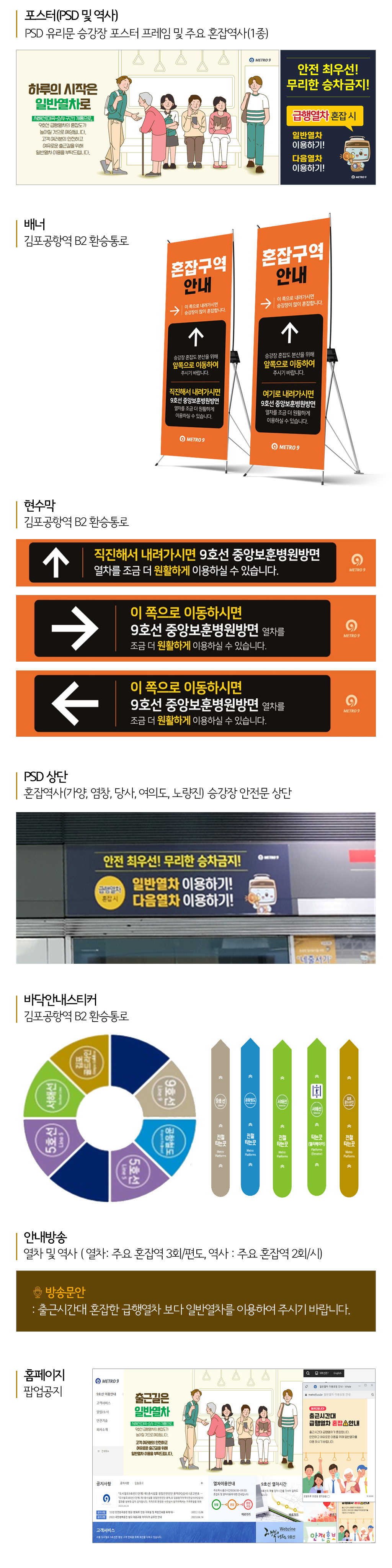 
					- 포스터(PSD 및 역사): PSD 유리문 승강장 포스터 프레임 및 주요 혼잡역사(1종)
					- 배너 : 김포공항역 B2 환승통로
					- 현수막 : 김포공항역 B2 환승통로
					- PSD 상단 : 혼잡역사(가양, 염창, 당사, 여의도, 노량진) 승강장 안전문 상단
					- 바닥안내스티커 : 김포공항역 B2 환승통로
					- 안내방송 : 열차 및 역사 ( 열차: 주요 혼잡역 3회/편도, 역사 : 주요 혼잡역 2회/시) 방송문안 '출근시간대 혼잡한 급행열차 보다 일반열차를 이용하여 주시기 바랍니다.'
					- 행선안내게시기(TDI) : 승강장
					- 홈페이지 : 팝업공지
					