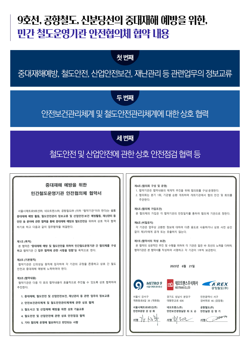 9호선, 공항철도, 신분당선의 중대재해 예방을 위한, 민간 철도운영기관 안전협의체 협약 내용
				첫번째, 중대재해예방, 철도안전, 산업안전보건, 재난관리 등 관련업무의 정보교류
				두번째, 안전보건관리체계 및 철도안전관리체계에 대한 상호 협력
				세번째, 철도안전 및 산업안전에 관한 상호 안전점검 협력 등