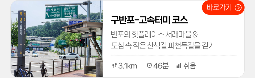구반포-고속터미널 코스 : 반포의 핫플레이스 서래마을 & 도심 속 작은 산책길 피천득길을 걷기(총거리:널3.1km, 시간: 45분, 난이도: 쉬움) 바로가기