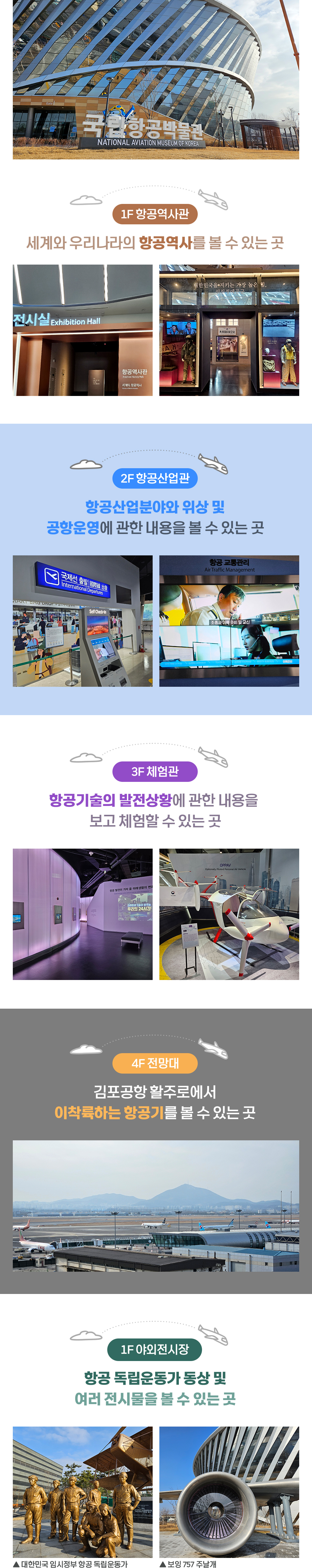 1F 항공역사관-세게와 우리나라의 항공역사를 볼 수 있는 곳, 2F 항공산업관-항공산업분야와 위상 및 공항운영에 관한 내용을 볼 수 있는 곳, 3F 체험관-항공기술의 발전상황에 관한 내용을 보고 체험할 수 있는 곳, 4F 전망대-김포공항 활주로에서 이착륙하는 항공기를 볼 수 있는 곳, 1F 야외전시장-항공독립운동가 동상 및 여러 전시물을 볼 수 있는 곳