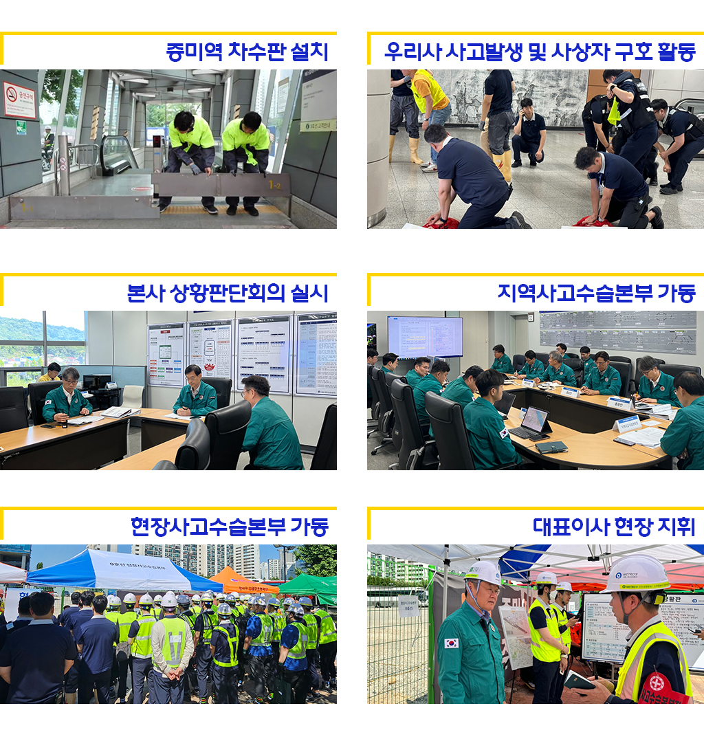 첫번째, 증미역 차수판 설치, 두번째 우리사 사고발생 및 사상자 구호 활동, 세번째 본사 상황판단회의 실시, 네번째 지역사고수습본부 가동 사진, 다섯번째 현장사고수습본부 가동, 여섯번째 대표이사 현장 지휘