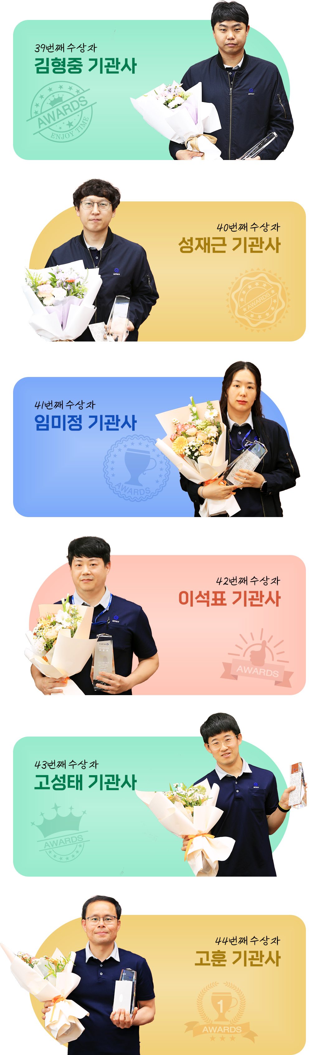 39번째 수상자 김형중 기관사/40번째 수상자 성재근 기관사/41번째 수상자 임미정 기관사/42번째 수상자 이석표 기관사/43번째 수상자 고성태 기관사/44번째 수상자 고훈 기관사