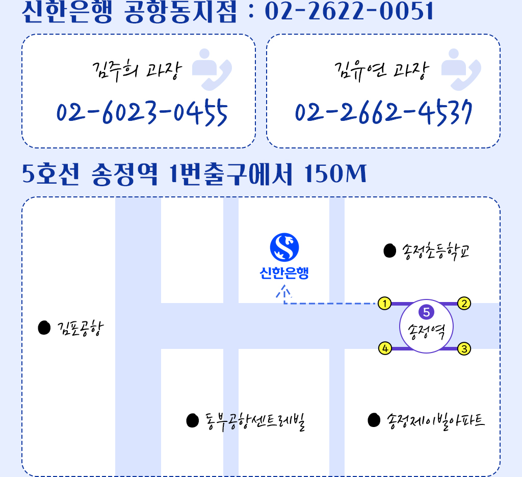 신한은행 공항동 지점 : 02-2622-0051 / 김주희 과장 02-6023-0455 / 김유연 과장 : 02-2622-4537 / 5호선 송정역 1번 출구에서 150M