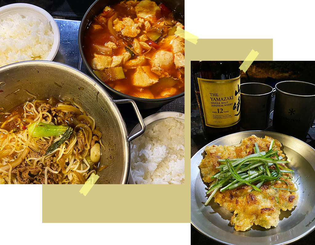 차돌박이 숙주볶음, 순두부찌개, 닭전과 위스키 사진