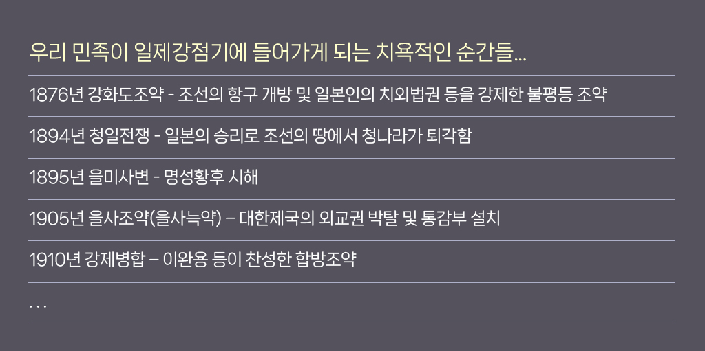 우리 민족이 일제강점기에 들어가게 되는 치욕적인 순간들...1876년 강화도조약 - 조선의 항구 개방 및 일본인의 치외법권 등을 강제한 불평등 조약 1894년 청일전쟁 - 일본의 승리로 조선의 땅에서 청나라가 퇴각함 1895년 을미사변 - 명성황후 시해 1905년 을사조약(을사늑약) – 대한제국의 외교권 박탈 및 통감부 설치 1910년 강제병합 – 이완용 등이 찬성한 합방조약
