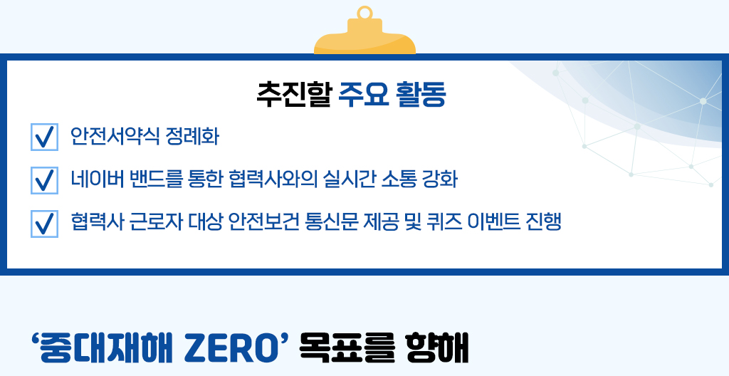 추진할 주요 활동, 안전서약식 정례화, 네이버 밴드를 통한 협력사와의 실시간 소통 강화, 협력사 근로자 대상 안전보건 통신문 제공 및 퀴즈 이벤트 진행, ‘중대재해 ZERO’ 목표를 향해