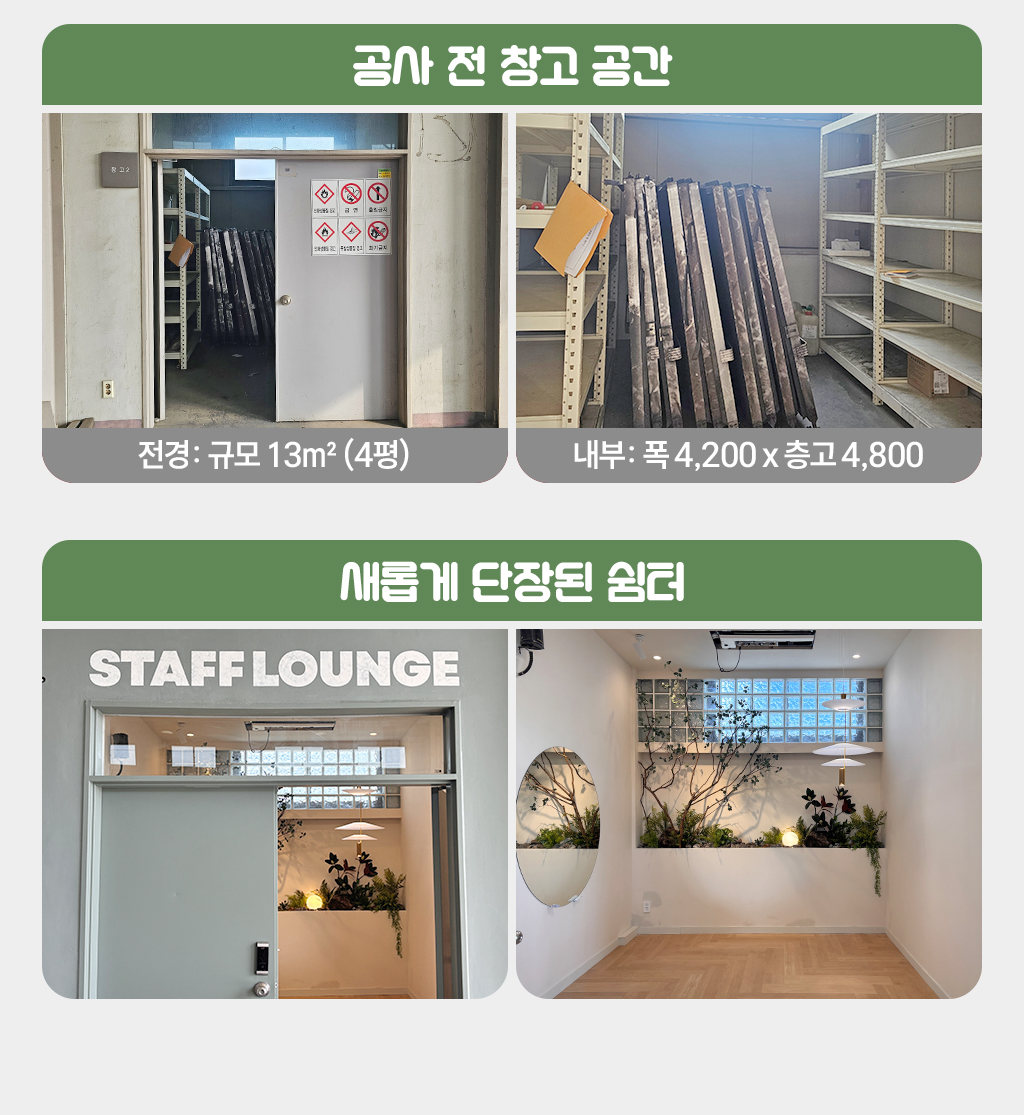 공사 전 창고공간, 전경: 규모 13㎡ (4평), 내부: 폭 4,200 x 층고 4,800, 새롭게 단장된 쉼터