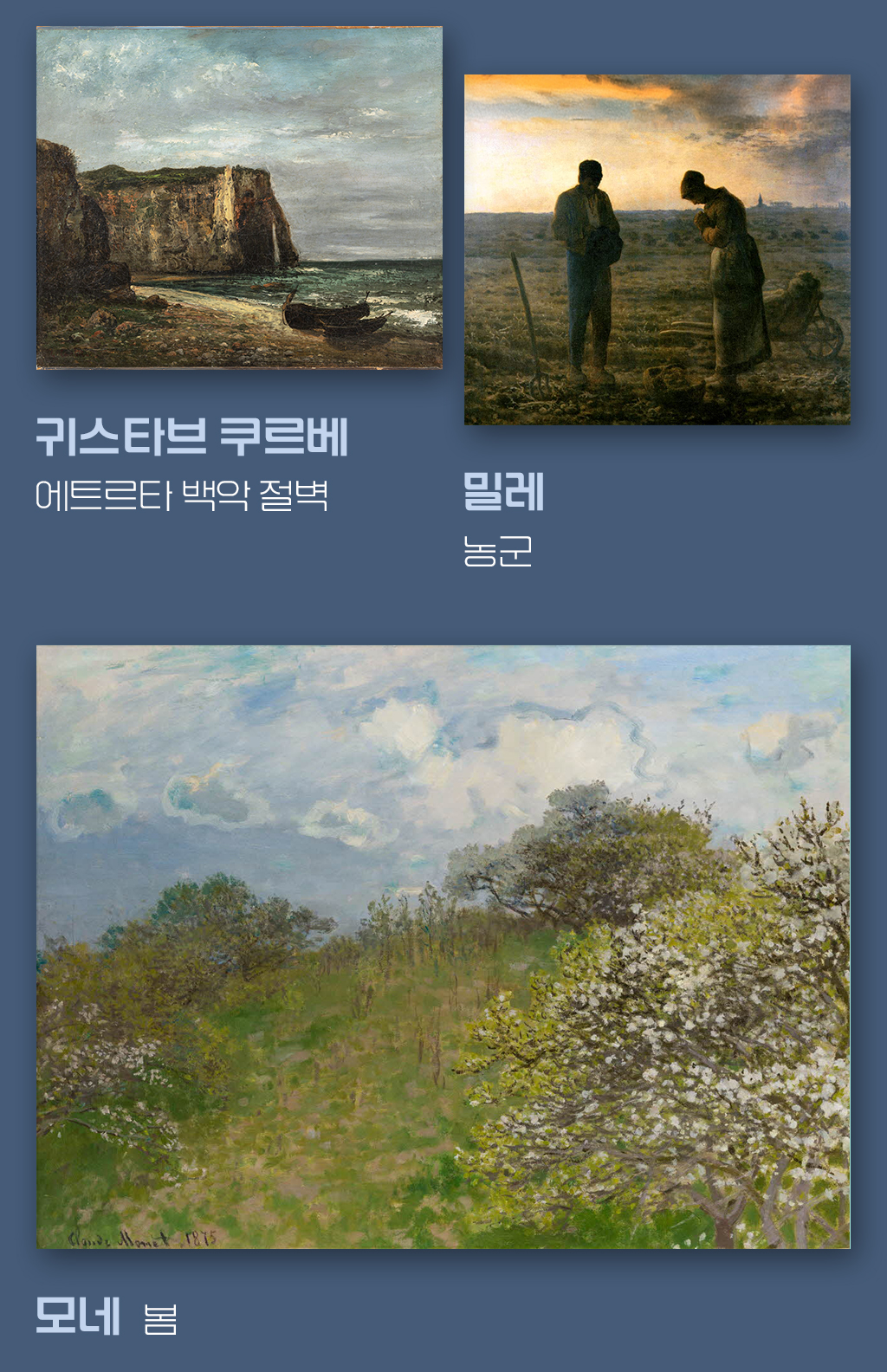 귀스타브 쿠르베의 에트르타 백악 절벽, 밀레의 농군, 모네의 봄