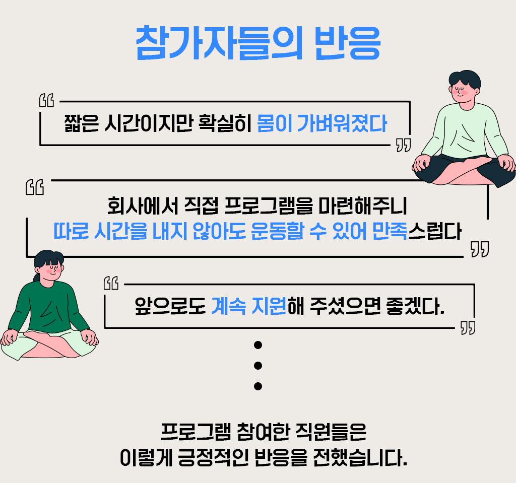 참가자들의 반응-몸이 가벼워졌다, 따로 시간을 내지 않아도 운동할 수 있어 만족스럽다외